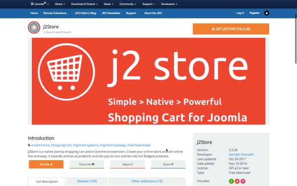 J2Store 在 JED 的介紹頁面。