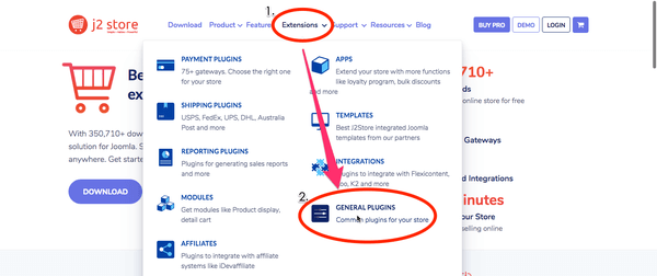 在 J2Store 官網選擇「Extensions - GENERAL PLUGINS」。