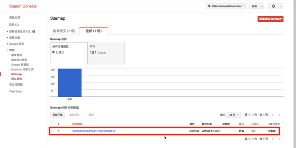 整理後的頁面會顯示提交的 Sitemap 資料。