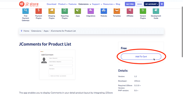 將「JComments for Product List」APP 加入購物車，隨後下載