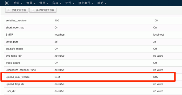 察看「PHP 資訊」分頁中「upload_max_filesize」參數